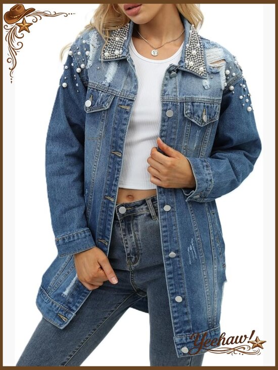 Jackets & Blazers - Long Sleeve Button Down Pearl Jean Jacket Boyfriend Denim Coat